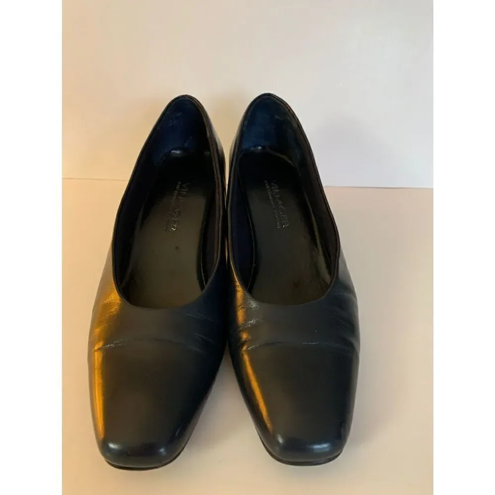 Villager Navy Leather Block Heel Pumps Classic Career Shoes Size 6 M